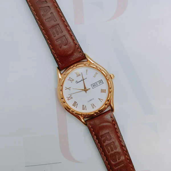 1990s Vintage Men’s Leather Dual Calendar Watch – White dial with Roman numerals and dual calendar