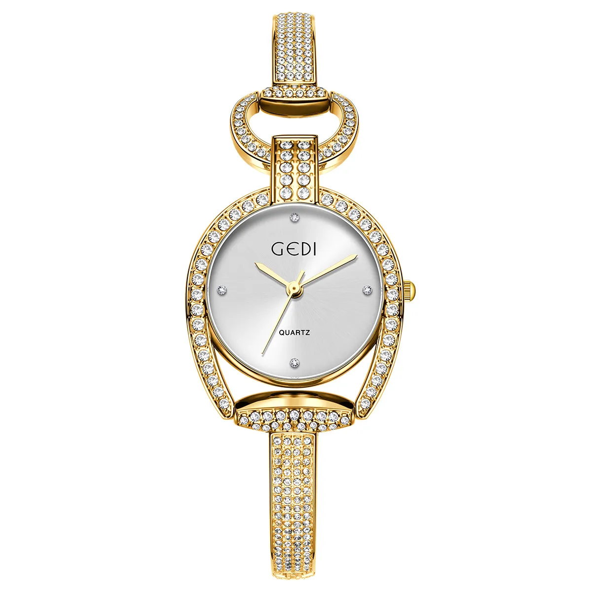 Gold vintage women’s watch with clean white dial and crystal band