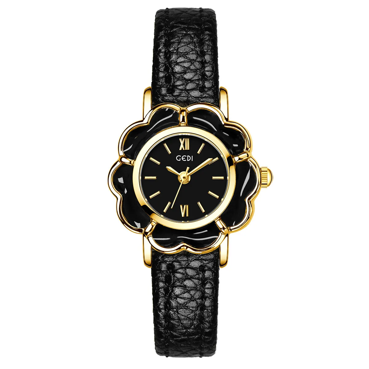 Women’s leather watch with black strap and gold case – minimalist and classic style