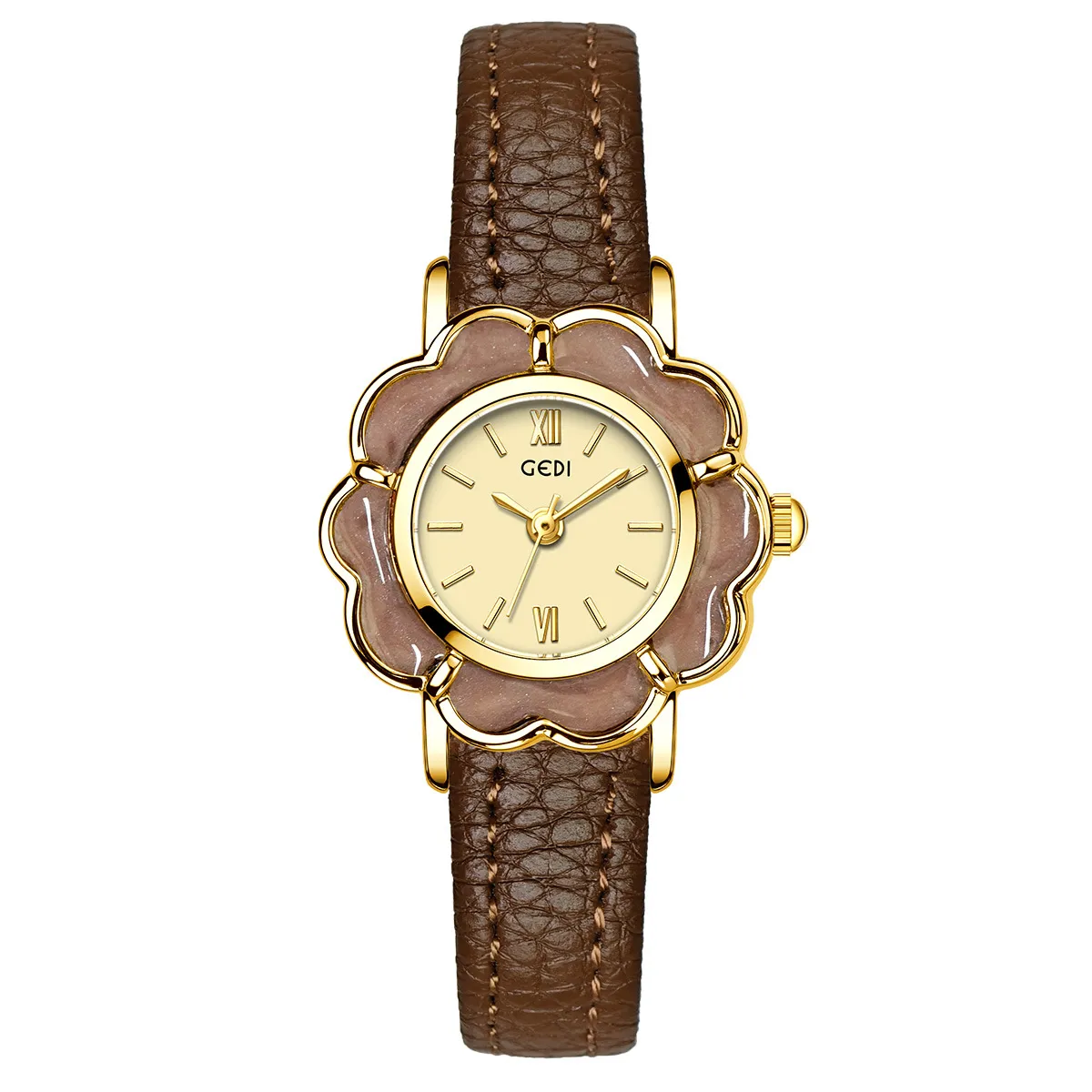 Women’s leather watch with brown strap and gold case – warm and vintage feel