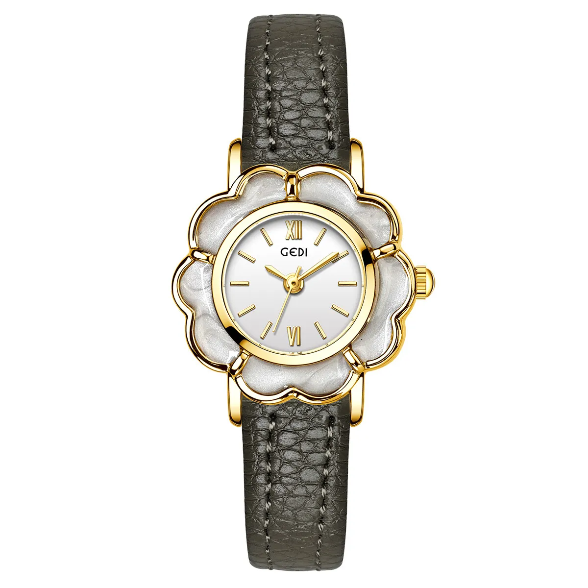 Women’s leather watch with gray strap and gold case – neutral and soft tone