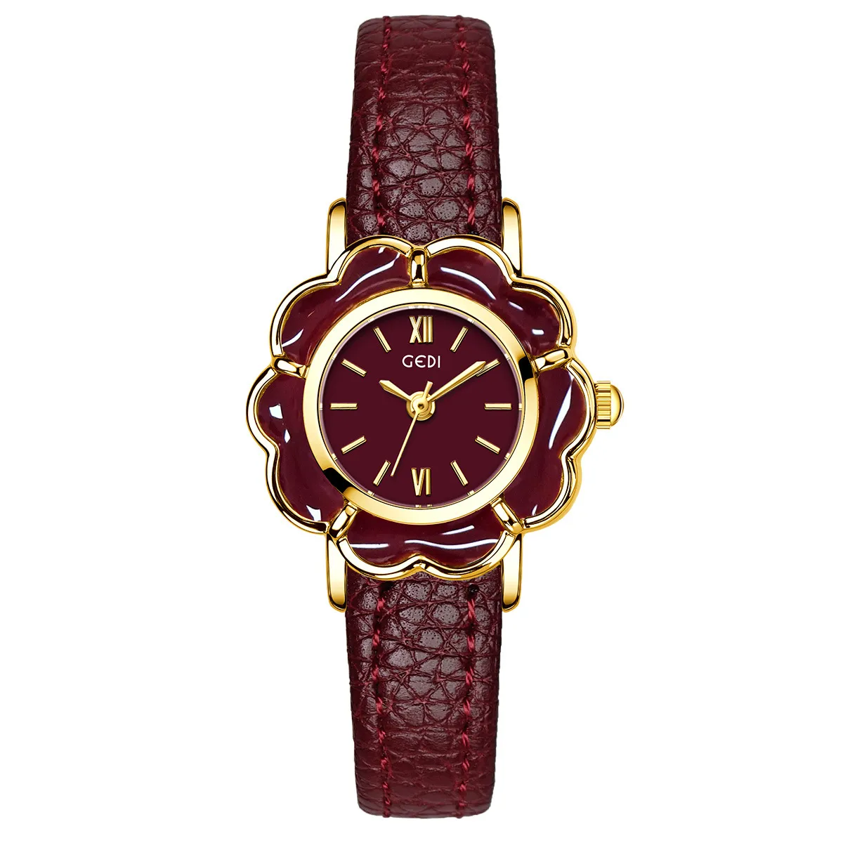 Women’s leather watch with red strap and gold case – bold and stylish vintage design