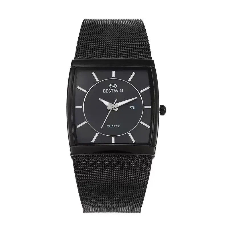 black vintage mens watch with rectangular dial and mesh band