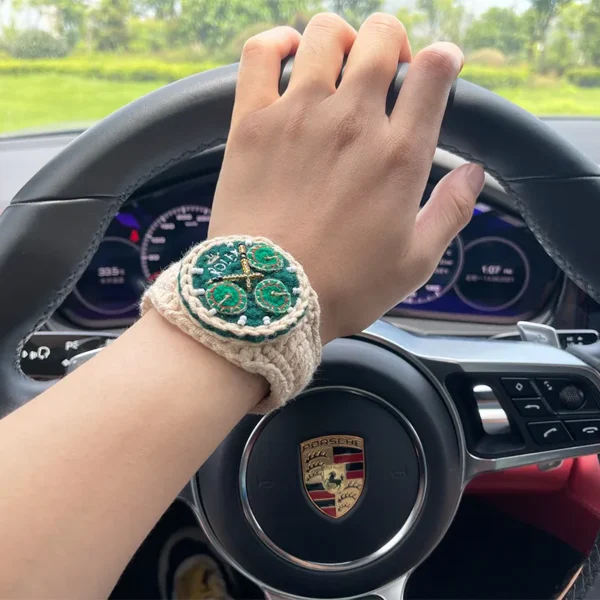 Handmade knitted yarn watch worn while driving