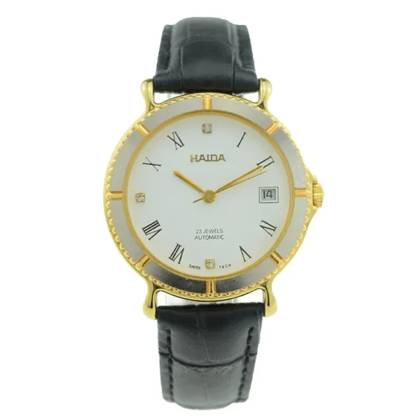 Vintage men’s leather watch with black strap and gold-plated case