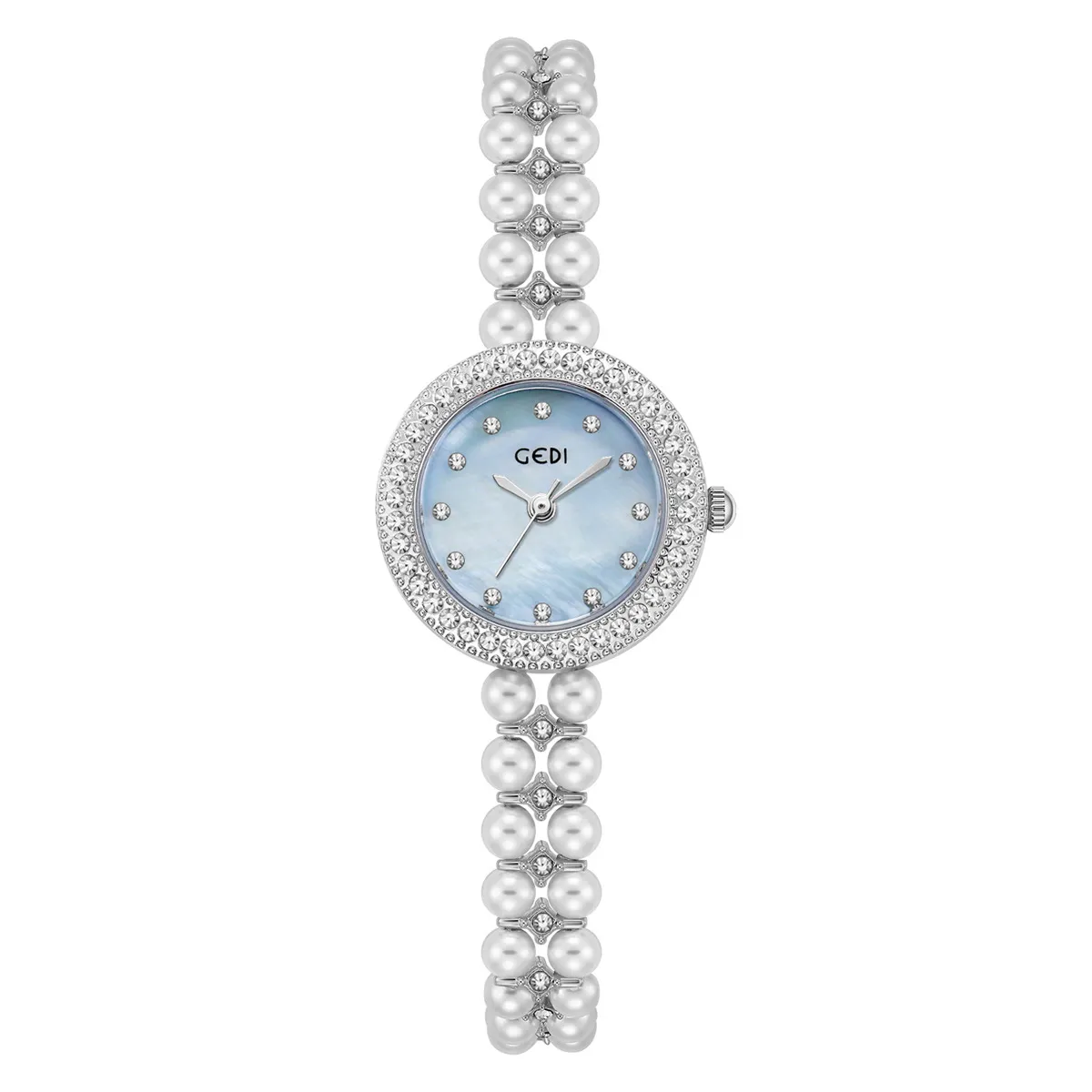 Ladies vintage watch silver pearl strap with sky blue dial
