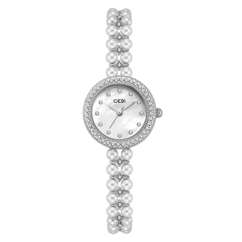 Ladies vintage watch silver pearl strap with white dial