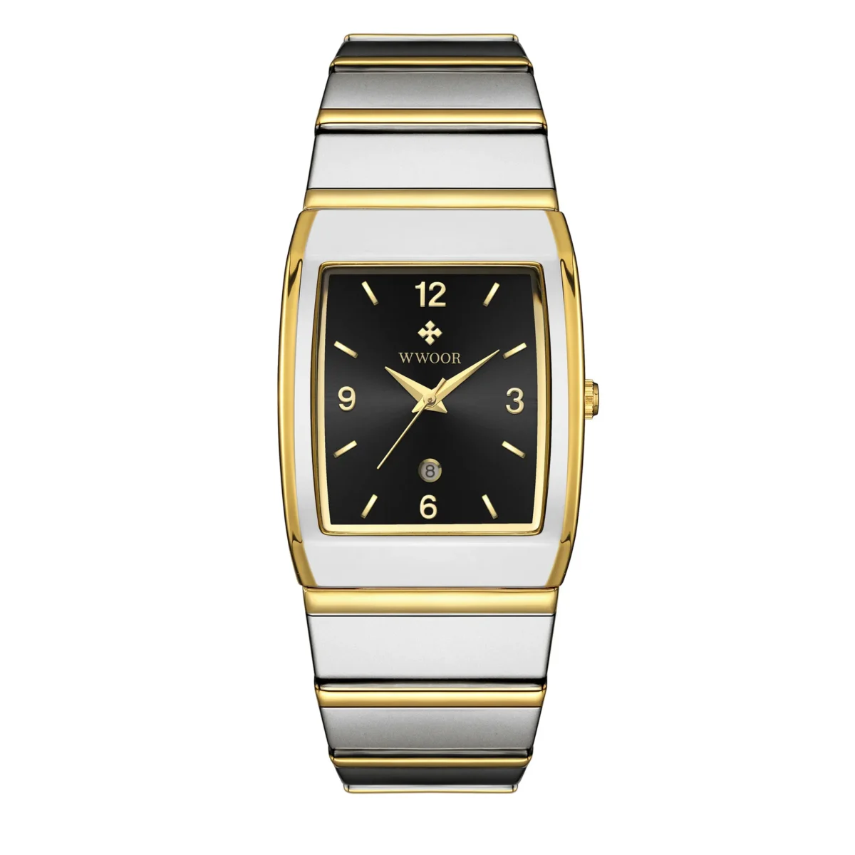 Men's vintage rectangular quartz watch with black dial, ultra-thin 8.5mm case, stainless steel strap