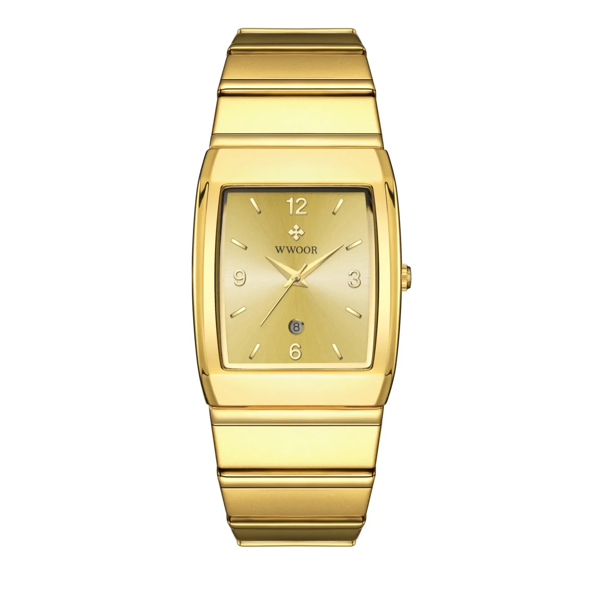 Men's vintage rectangular quartz watch with gold dial, stainless steel bracelet, ultra-thin retro design