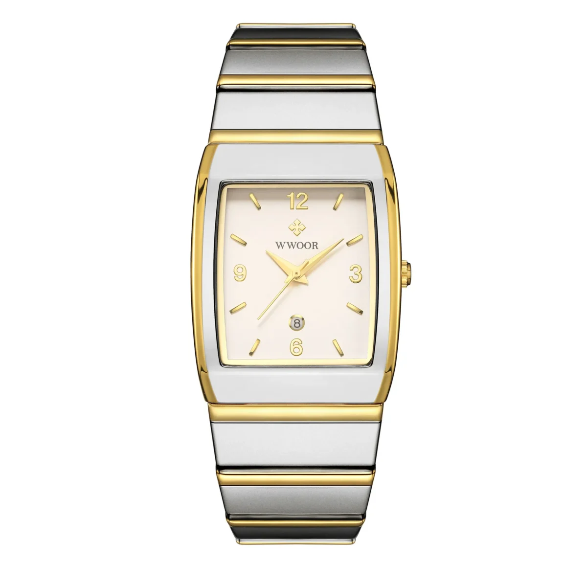 men's vintage quartz watch with rectangular case and stainless steel strap