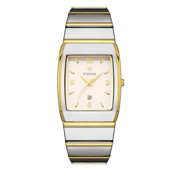 men's vintage quartz watch with rectangular case and stainless steel strap
