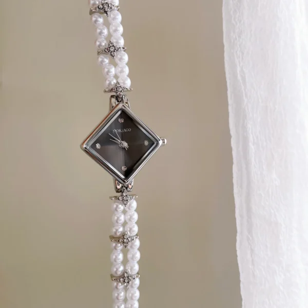 Double pearl bracelet watch with square black dial hanging display