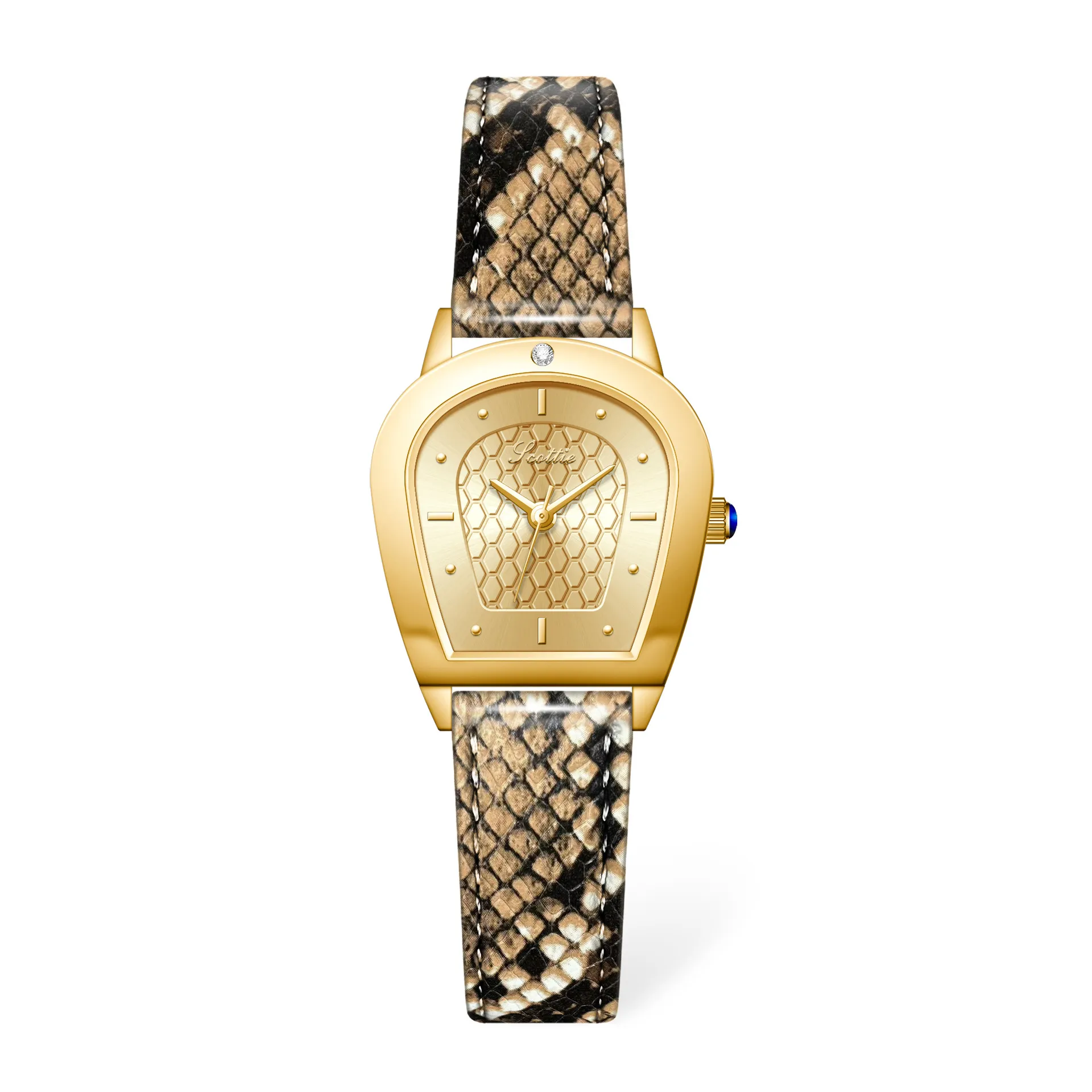 Stylish snake-pattern gold leather ladies’ watch, quartz waterproof wristwatch
