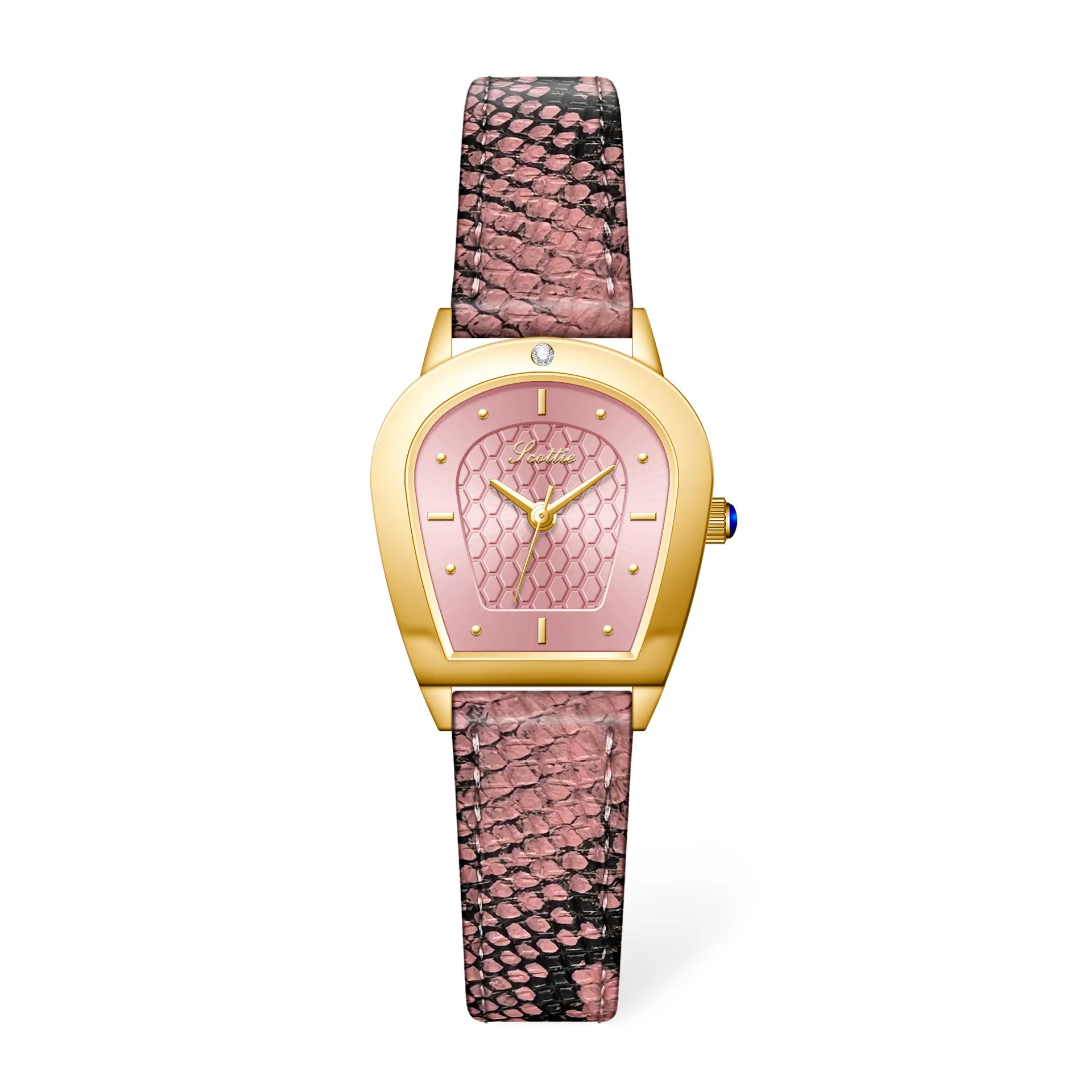 Stylish snake-pattern pink leather ladies’ watch, quartz waterproof wristwatch