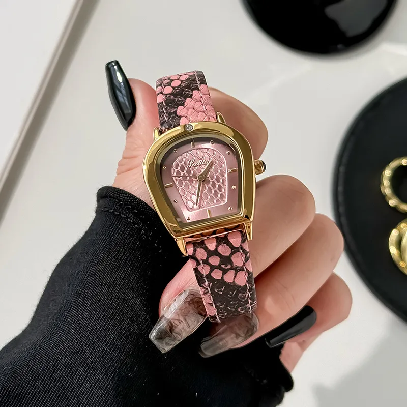 Vintage leather gold women’s watch with pink snakeskin strap – WatchTrio
