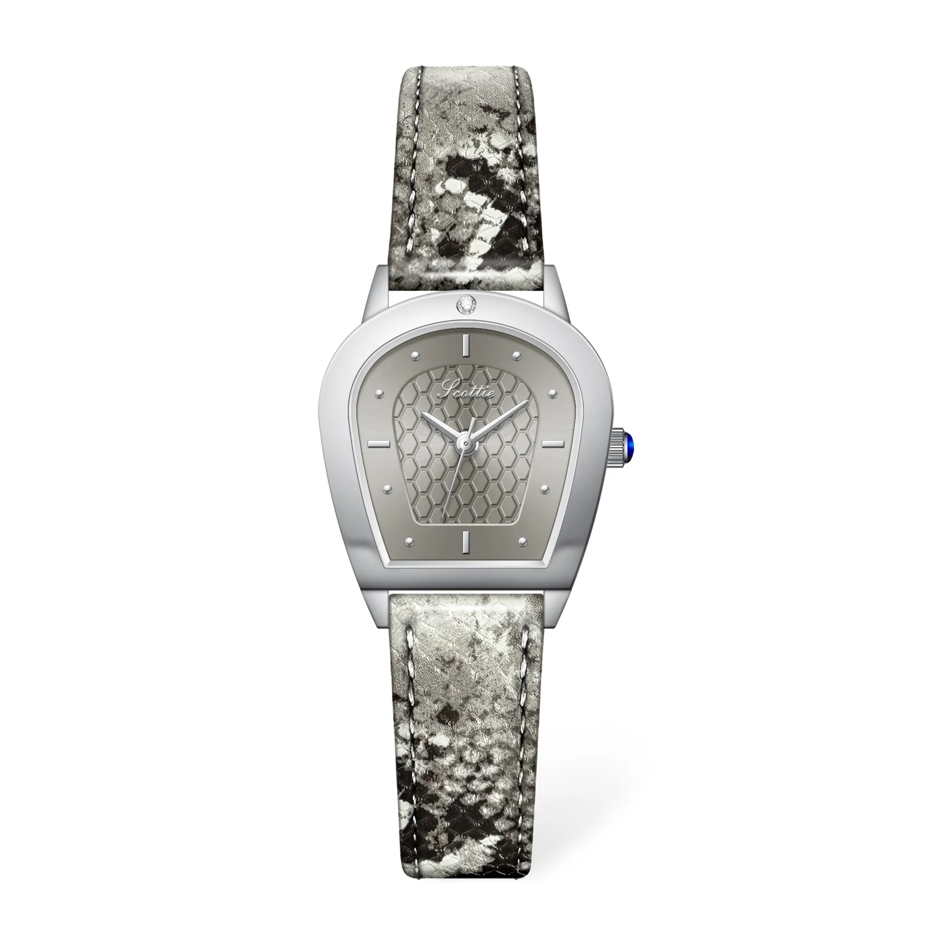 Stylish snake-pattern silver leather ladies’ watch, quartz waterproof wristwatch