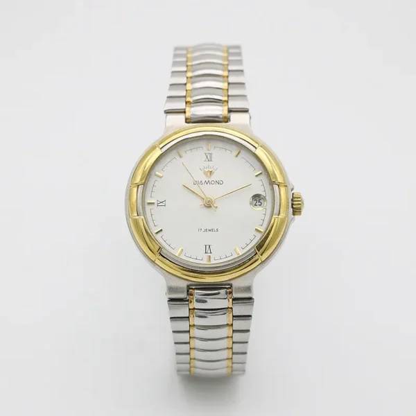 Vintage 2000s diamond men’s watch with two-tone gold and silver steel strap – front view