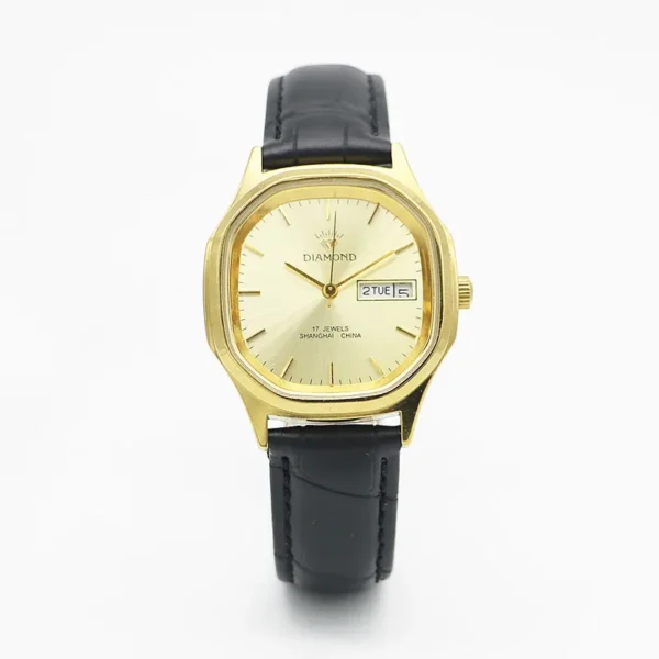 Vintage barrel men’s leather watch with black strap, front view – WatchTrio
