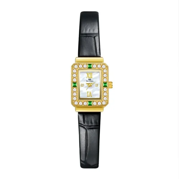 Vintage women’s leather watch with black strap and gold-white dial, pearl and green gem bezel
