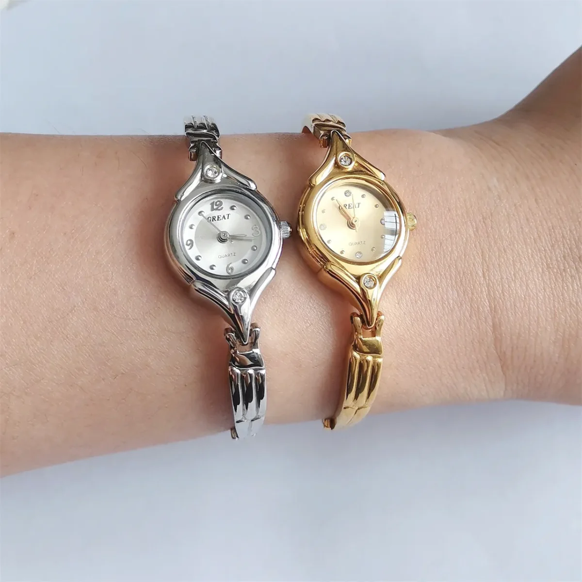 Gold and silver vintage bracelet women’s watches on wrist