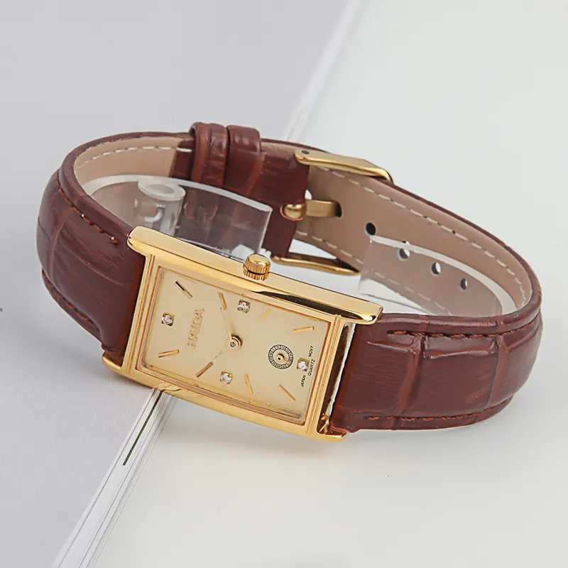 Side view of vintage leather women’s watch with gold rectangular case – WatchTrio