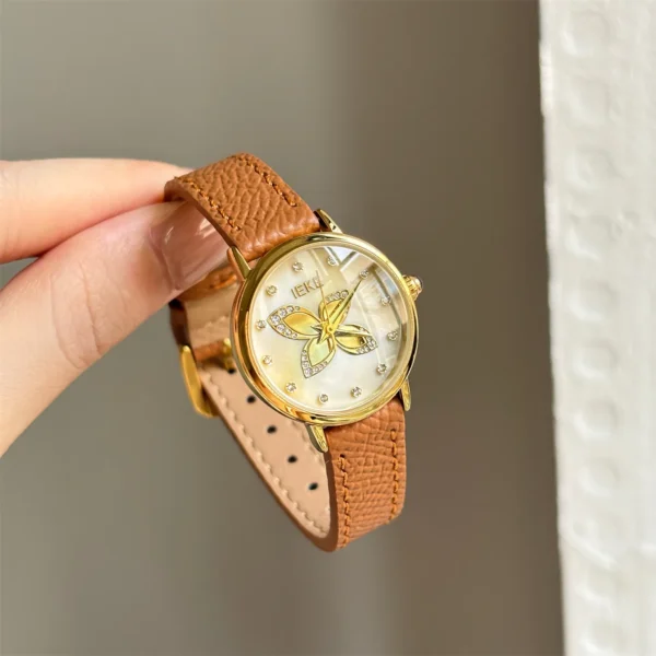 Vintage leather butterfly diamond women’s watch with brown strap and gold case – WatchTrio