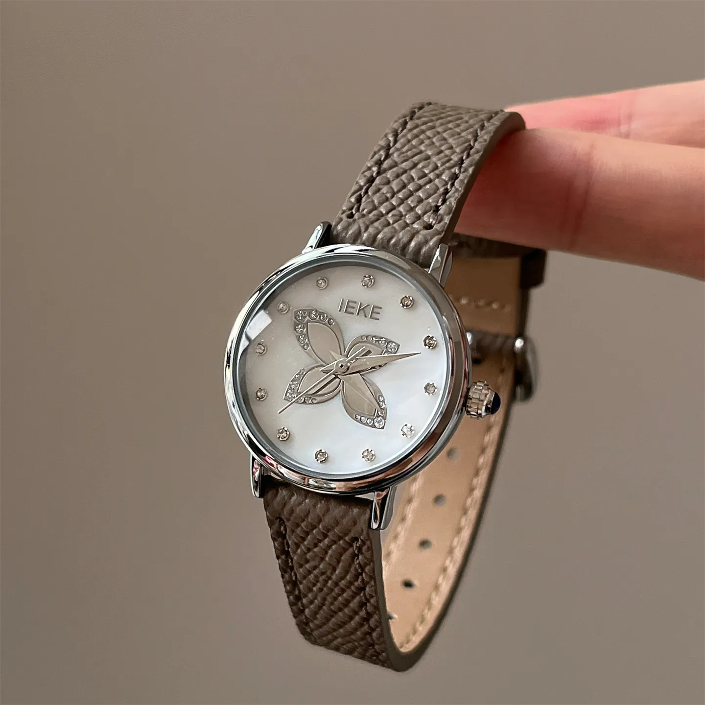 Vintage butterfly diamond women’s watch with gray leather strap and white dial – WatchTrio