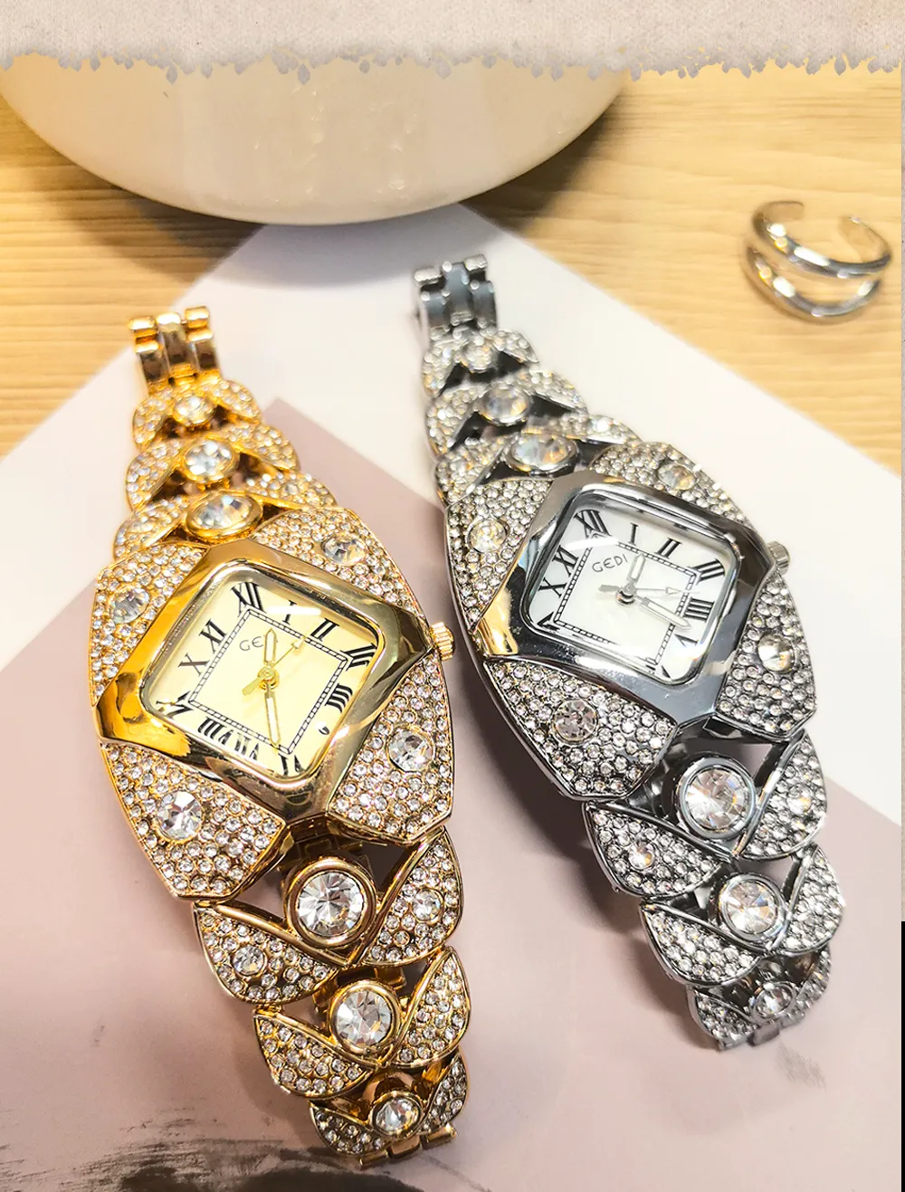 Vintage women’s diamond watches in gold and silver with hollow bracelet and mother-of-pearl dials – WatchTrio