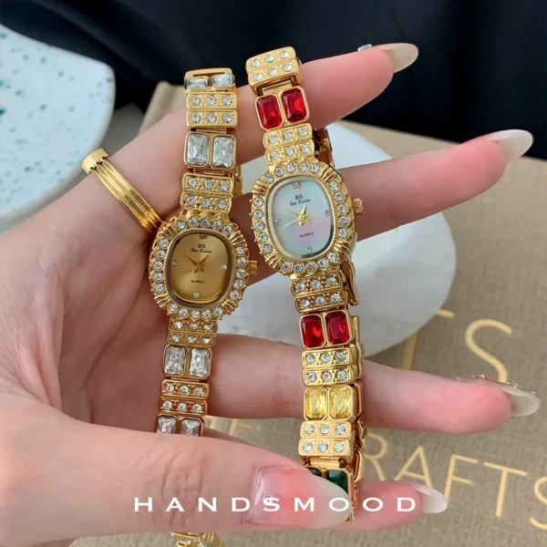 Vintage women’s watch with multicolor gemstone strap and quartz movement – WatchTrio