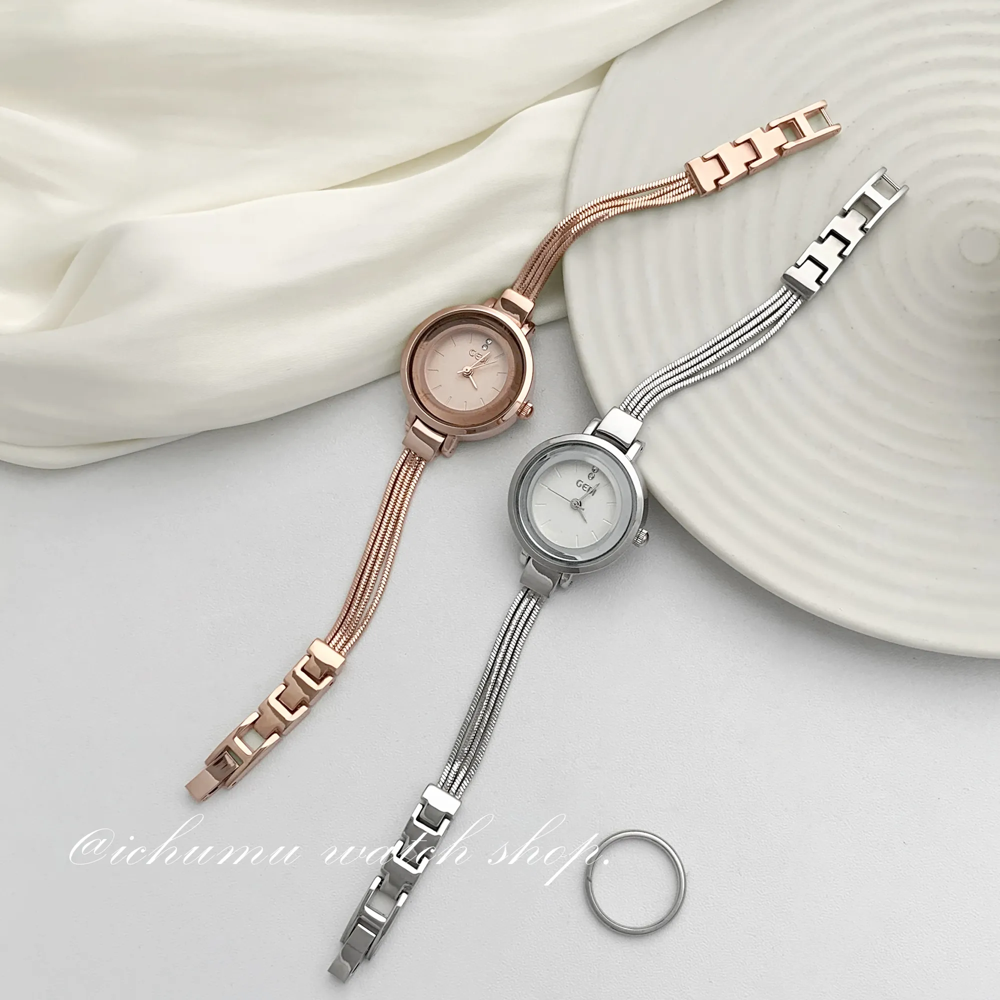 Vintage gold watch and vintage silver watch side by side, 24mm small dial, quartz movement, 30m water resistant