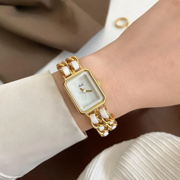 Vintage gold rectangular women’s watch with white chain-leather strap – WatchTrio