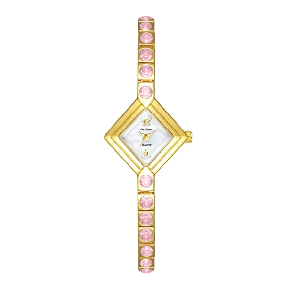 Vintage gold diamond-shaped women’s bracelet watch with pink crystals