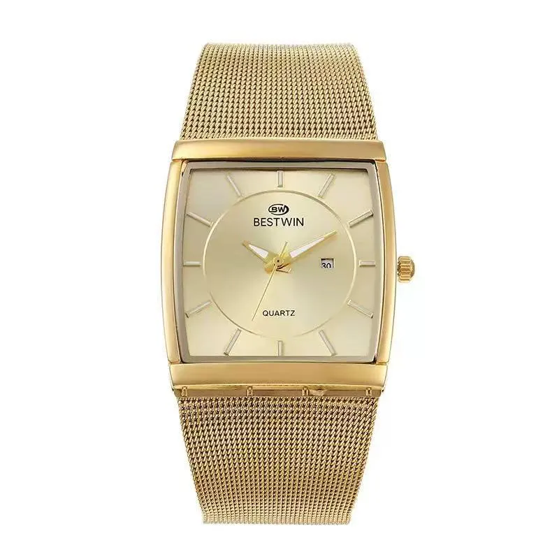 vintage gold mens watch with mesh strap and minimalist dial