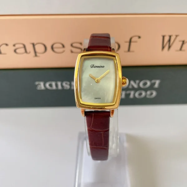 Retro gold-tone women’s rectangular watch with brown leather strap – WatchTrio