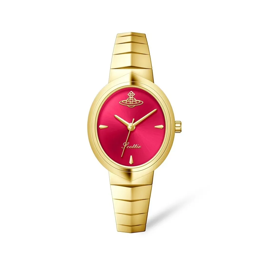 Vintage red women’s watch with oval dial and snake chain bracelet – WatchTrio