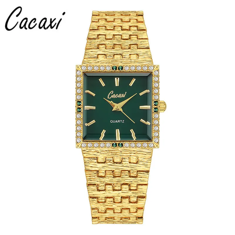 Vintage gold square women’s watch with crystal bezel and green dial – WatchTrio
