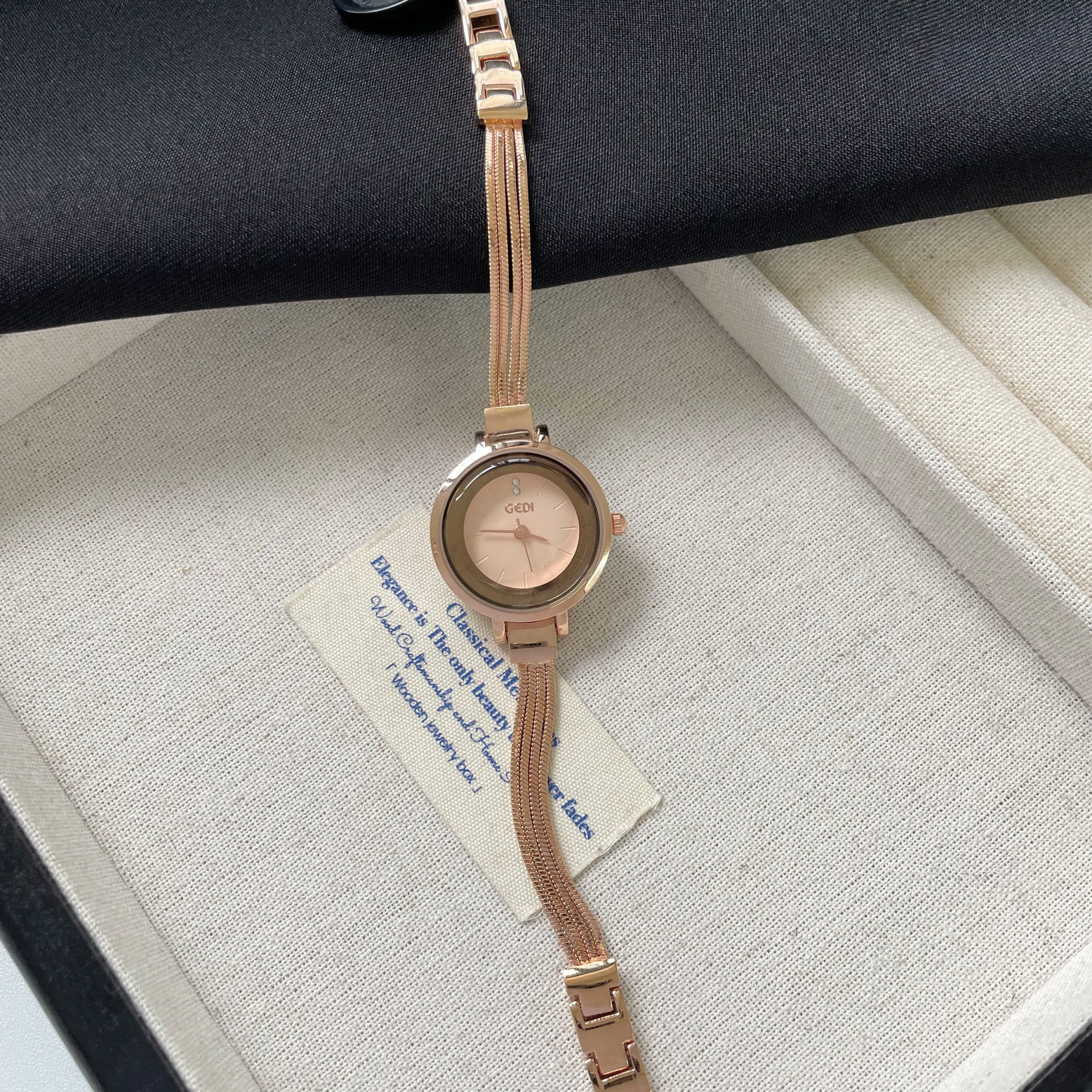 Vintage gold watch with 24mm dial, quartz movement, 30m water resistant ladies’ wristwatch