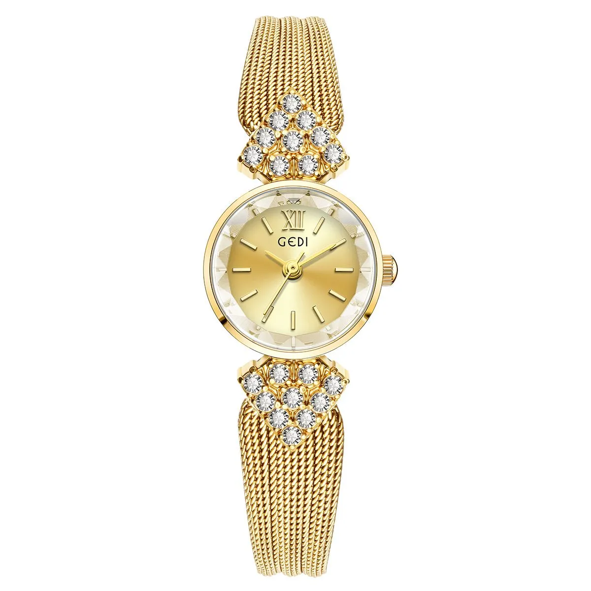 Vintage gold women’s watch with gold dial and woven bracelet, crystal-set lugs – WatchTrio