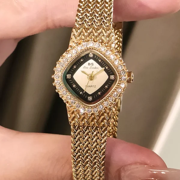 Vintage gold women’s watch with crystal bezel lifestyle photo – WatchTrio