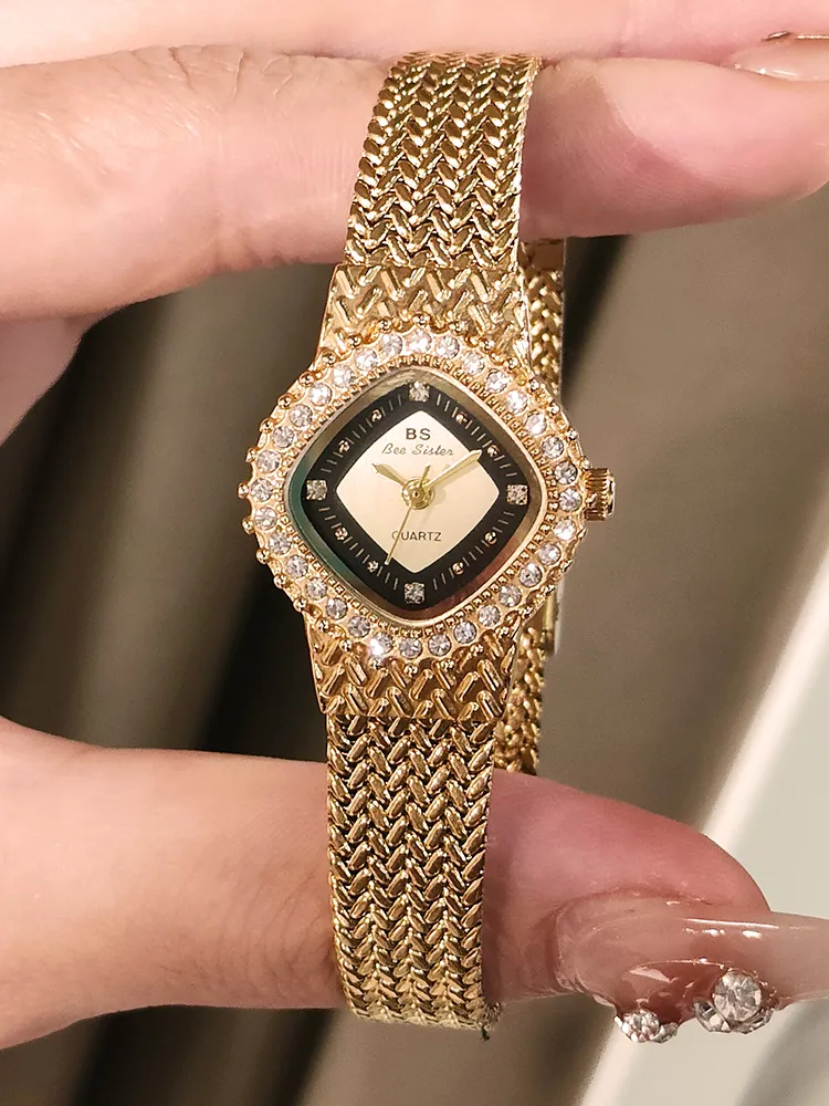 Vintage gold women’s watch with crystal bezel lifestyle photo – WatchTrio