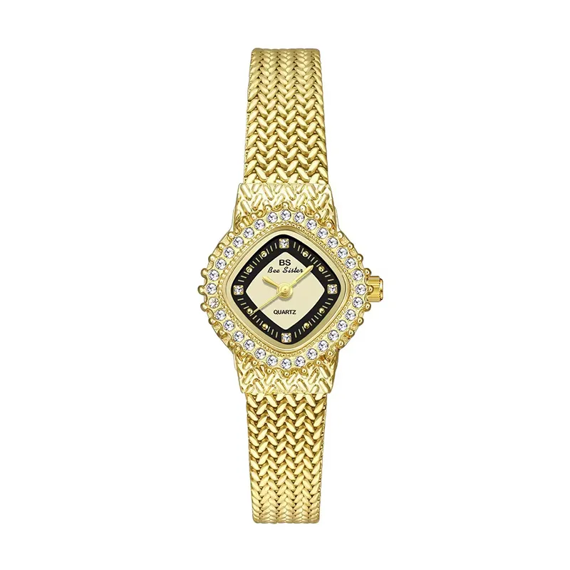 Vintage gold women’s watch with wheat-pattern bracelet and crystal bezel – WatchTrio