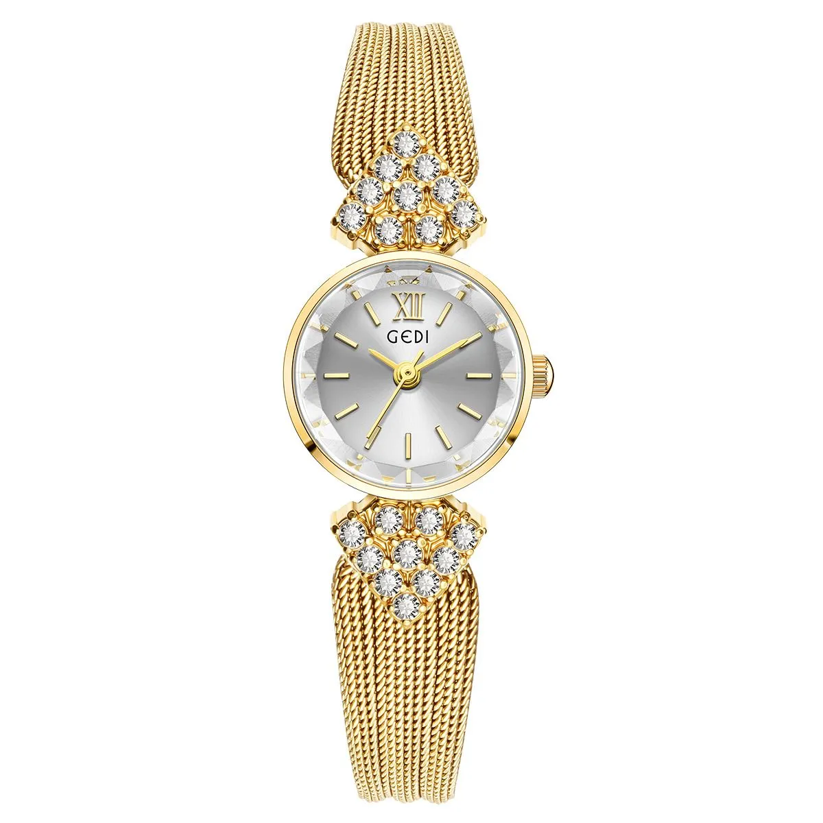 Vintage gold women’s watch with white dial, crystal lugs, and woven bracelet – WatchTrio