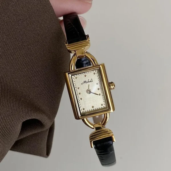 Vintage leather women’s watch with black strap and gold square dial – WatchTrio