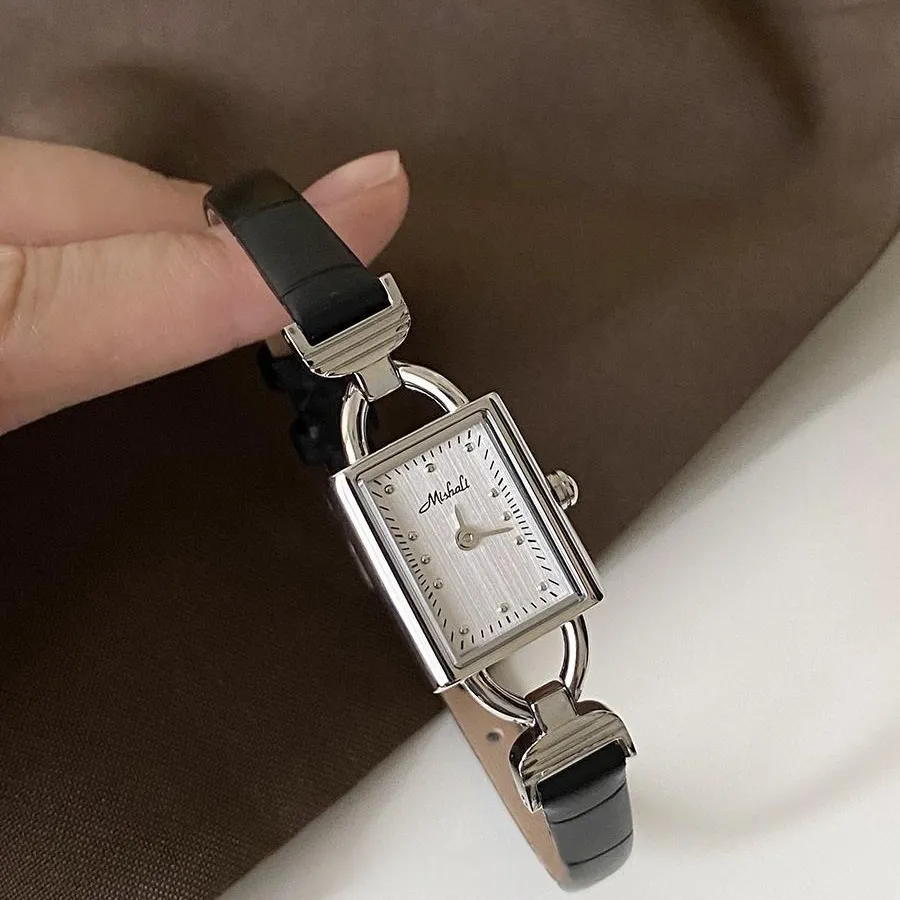 Vintage leather ladies’ square dial watch with gold case and white face – WatchTrio