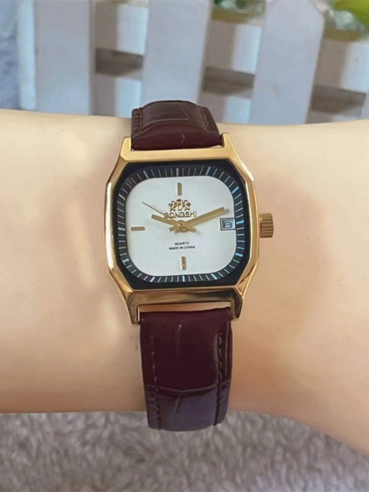 Vintage leather square women’s watch lifestyle wrist display – WatchTrio