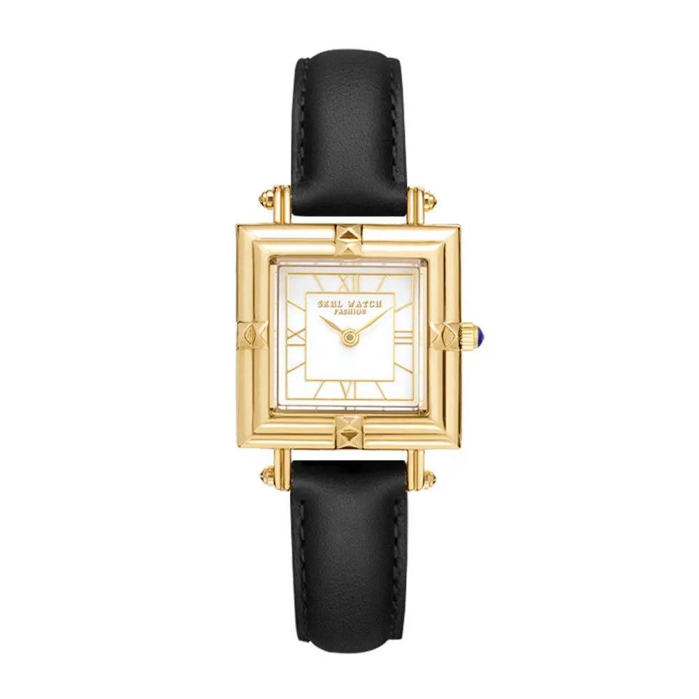 Retro vintage leather ladies watch with black strap and gold square dial – WatchTrio