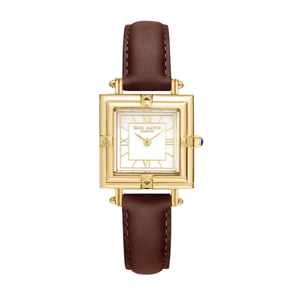 Vintage leather women’s watch with brown strap and gold retro square case – WatchTrio