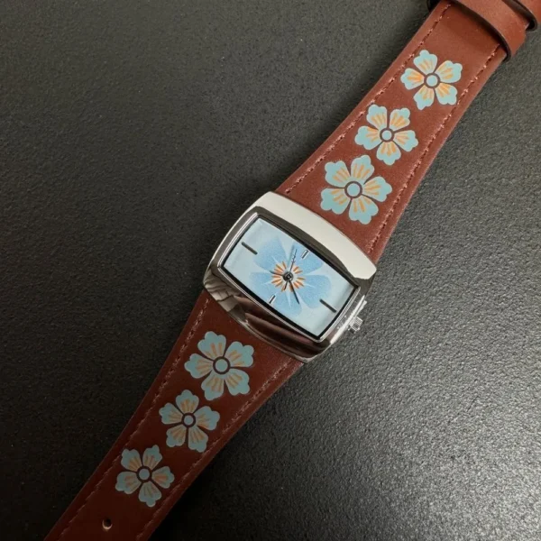 Vintage leather women’s watch with blue floral dial – WatchTrio
