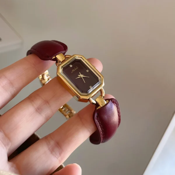 Vintage women’s leather strap watch with burgundy dial – WatchTrio