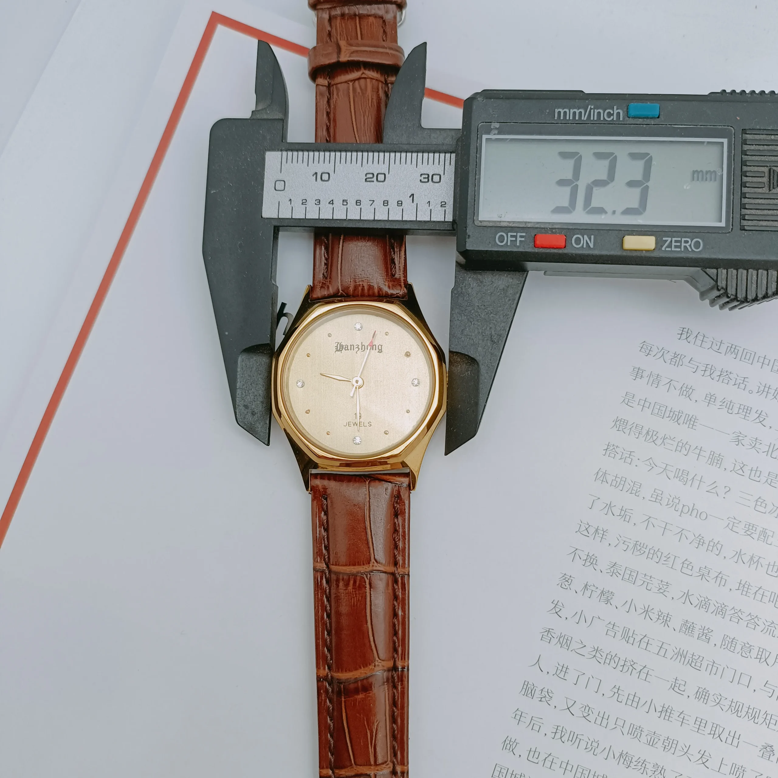 Vintage Men’s Octagonal Diamond Watch – 32mm gold dial front view with leather strap